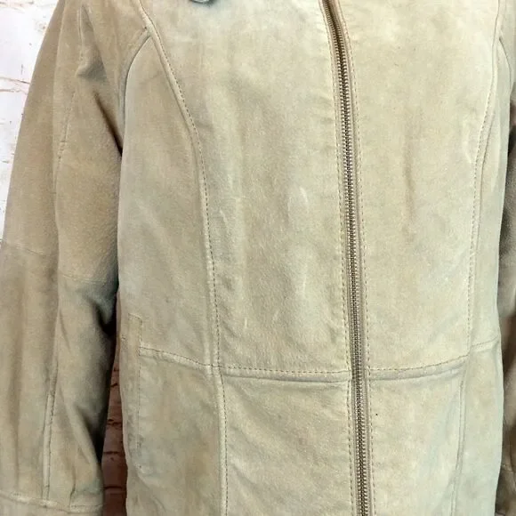 VTG Wilsons Suede Leather Bomber Aviator Flight Jacket Womens L Fur Lined Beige